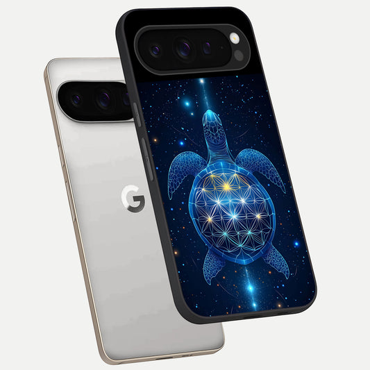  Crimson Blue Turtle phone case For Google Pixel 9 Pro showing premium glass back cover with detailed artwork