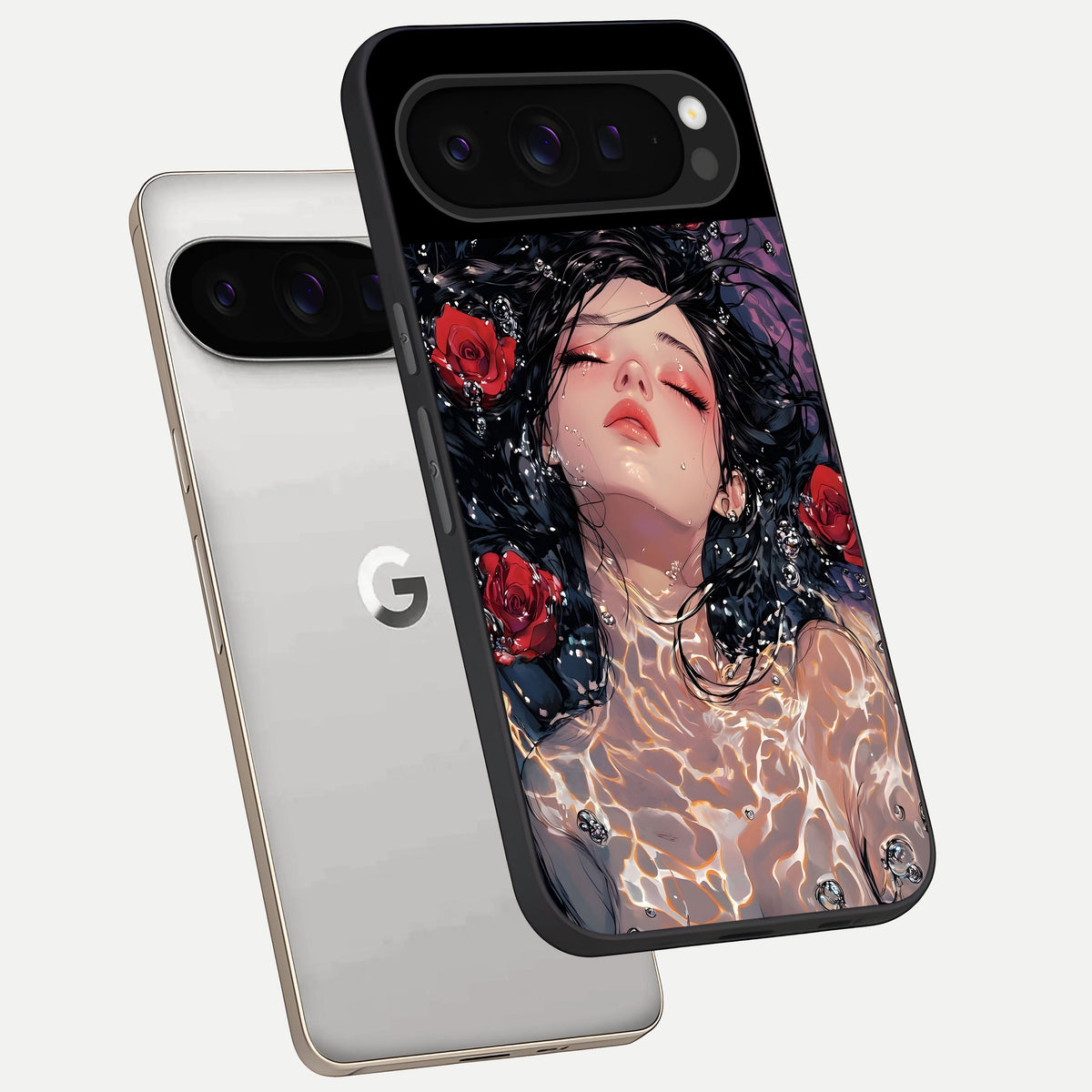  Crimson Rose Serenity phone case For Google Pixel 9 Pro showing premium glass back cover with detailed artwork