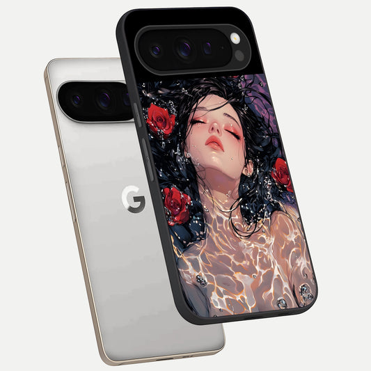  Crimson Rose Serenity phone case For Google Pixel 9 Pro showing premium glass back cover with detailed artwork