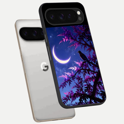  Crow And Moon Scenery phone case For Google Pixel 9 Pro showing premium glass back cover with detailed artwork
