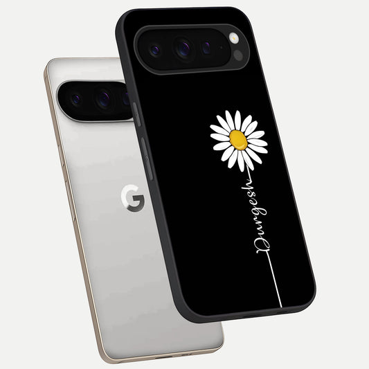  Custom Name White Flower phone case For Google Pixel 9 Pro showing premium glass back cover with detailed artwork