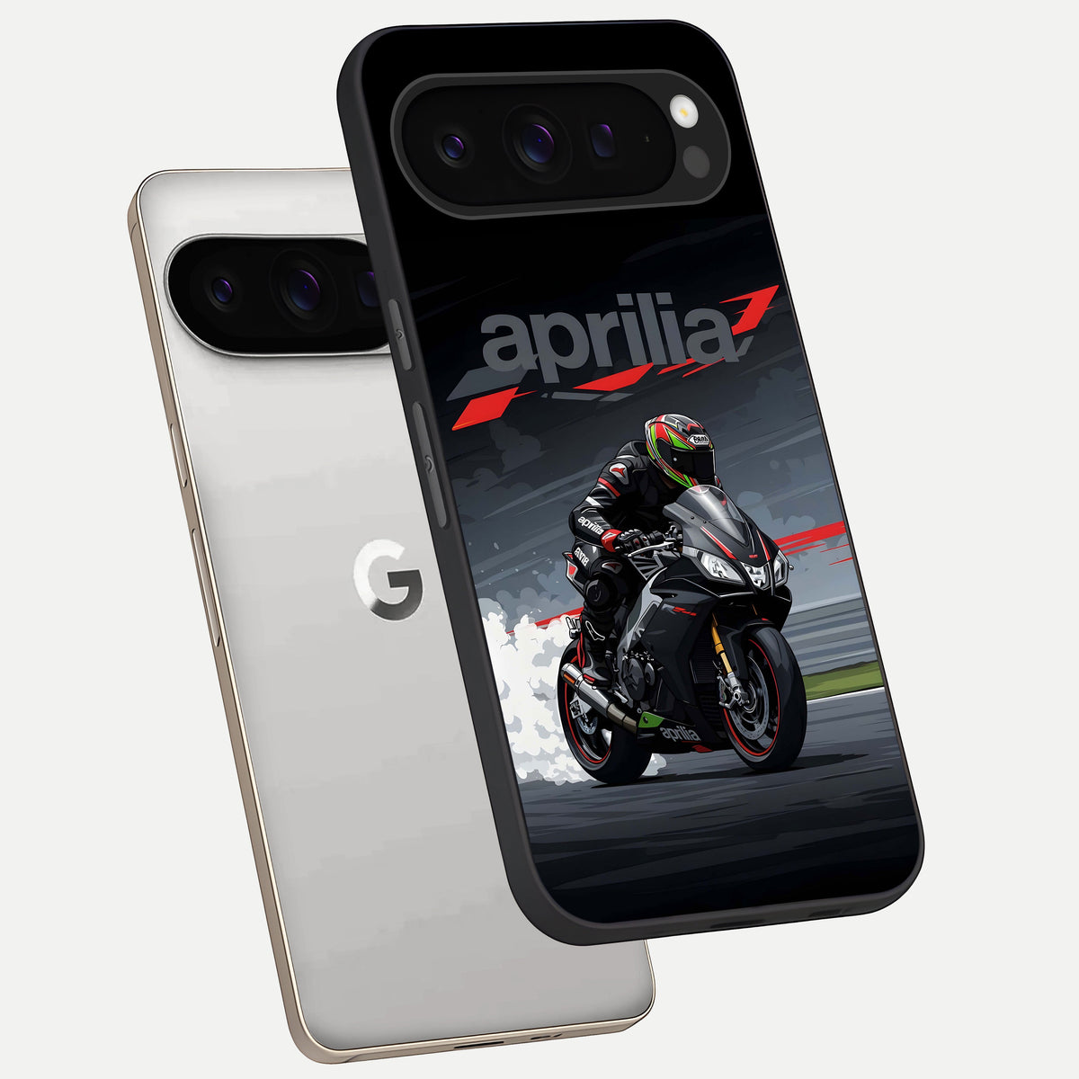  Dark Aprilla phone case For Google Pixel 9 Pro showing premium glass back cover with detailed artwork