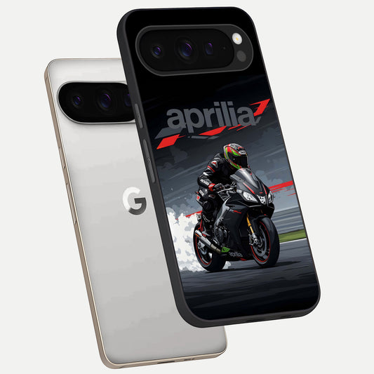 Dark Aprilla phone case For Google Pixel 9 Pro showing premium glass back cover with detailed artwork