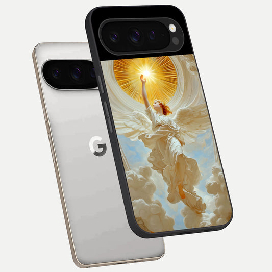  Divine Light Angel phone case For Google Pixel 9 Pro showing premium glass back cover with detailed artwork