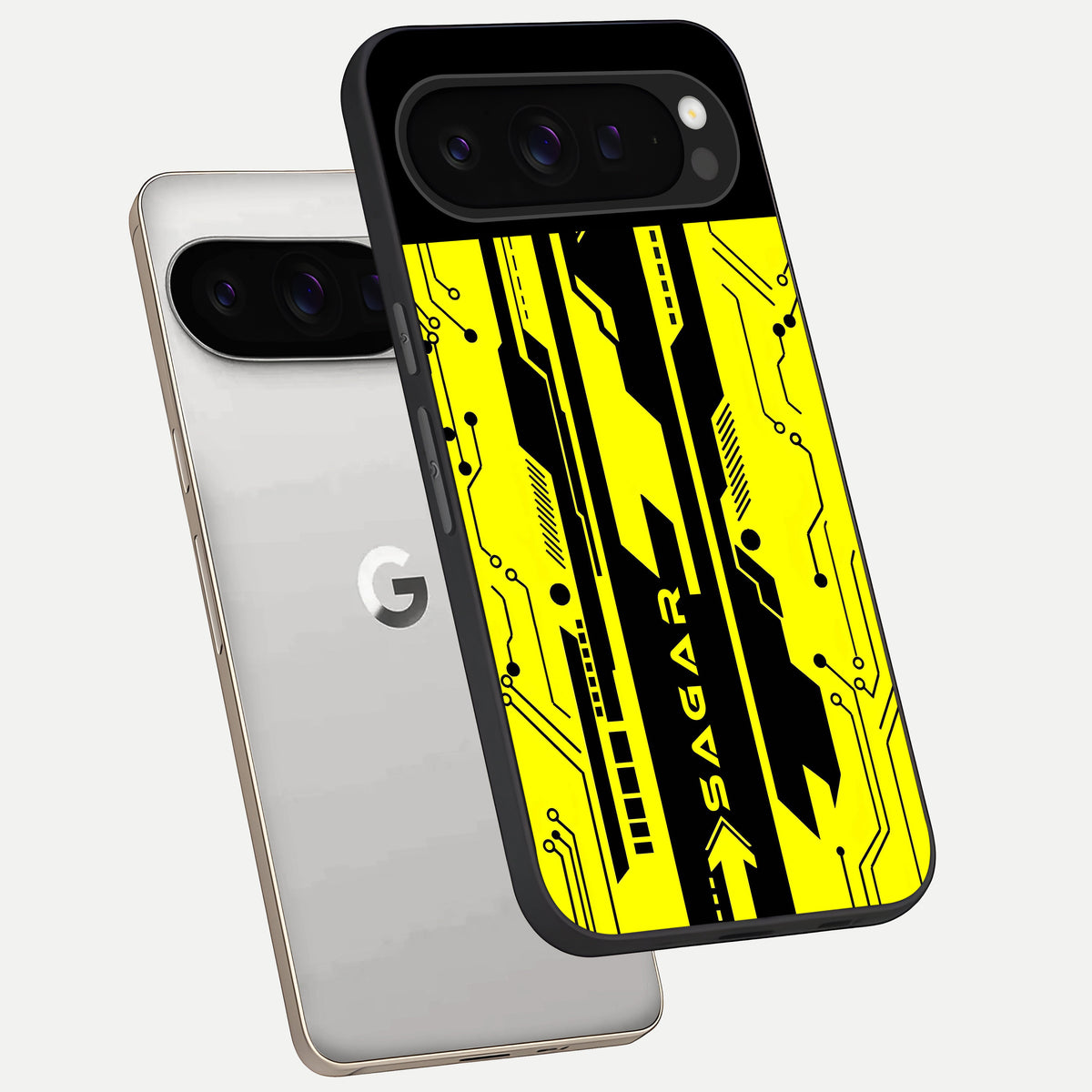  Electric Pulse CYBERPUNK Custom Name phone case For Google Pixel 9 Pro showing premium glass back cover with detailed artwork