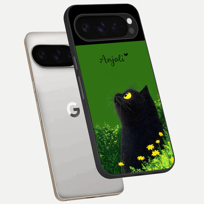  Emerald Cat Custom Name phone case For Google Pixel 9 Pro showing premium glass back cover with detailed artwork