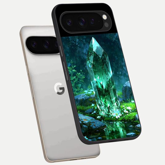  Emerald Light Crystal phone case For Google Pixel 9 Pro showing premium glass back cover with detailed artwork