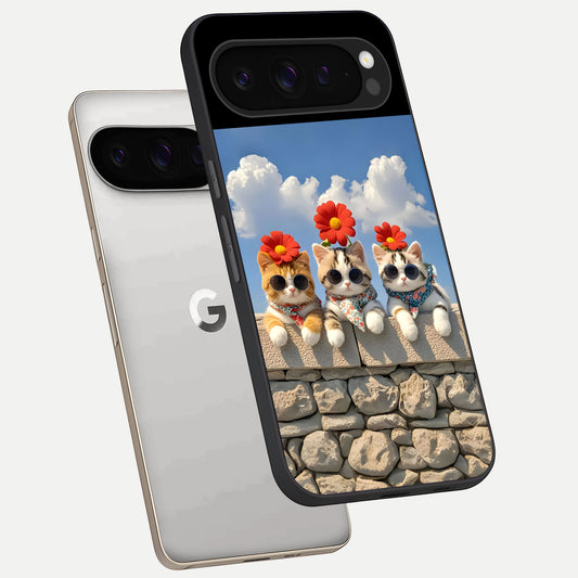  Floral Kitty Squad phone case For Google Pixel 9 Pro showing premium glass back cover with detailed artwork