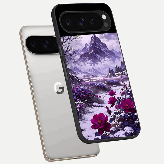  Flower Mountain View phone case For Google Pixel 9 Pro showing premium glass back cover with detailed artwork
