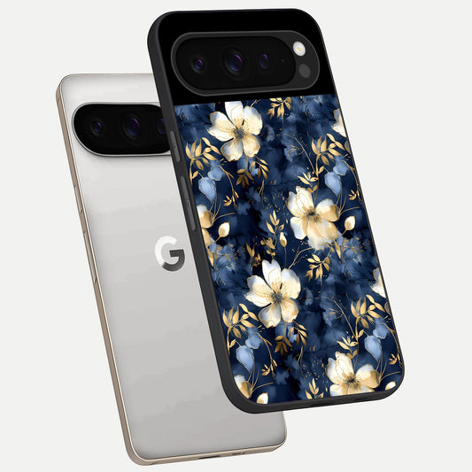  Golden Midnight Bloom phone case For Google Pixel 9 Pro showing premium glass back cover with detailed artwork