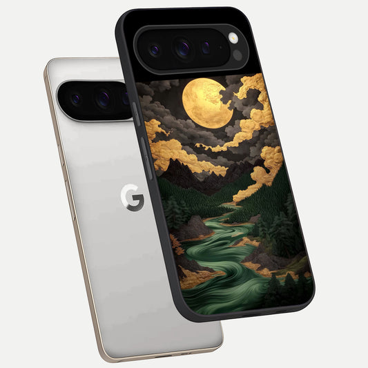  Golden River Moon phone case For Google Pixel 9 Pro showing premium glass back cover with detailed artwork