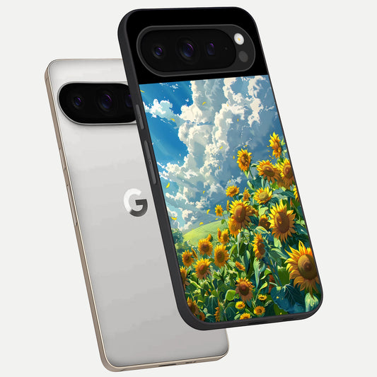  Golden Sun Glory phone case For Google Pixel 9 Pro showing premium glass back cover with detailed artwork