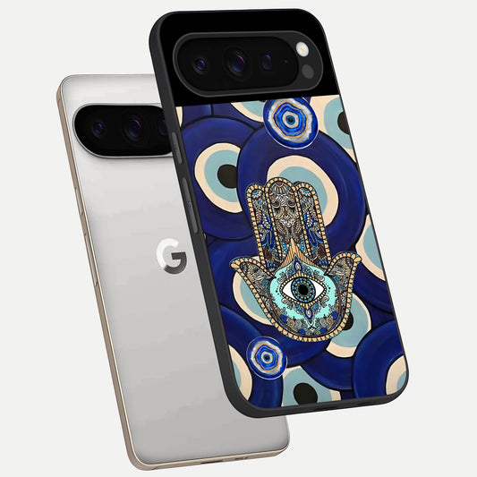  Hamsa Divine Guard phone case For Google Pixel 9 Pro showing premium glass back cover with detailed artwork