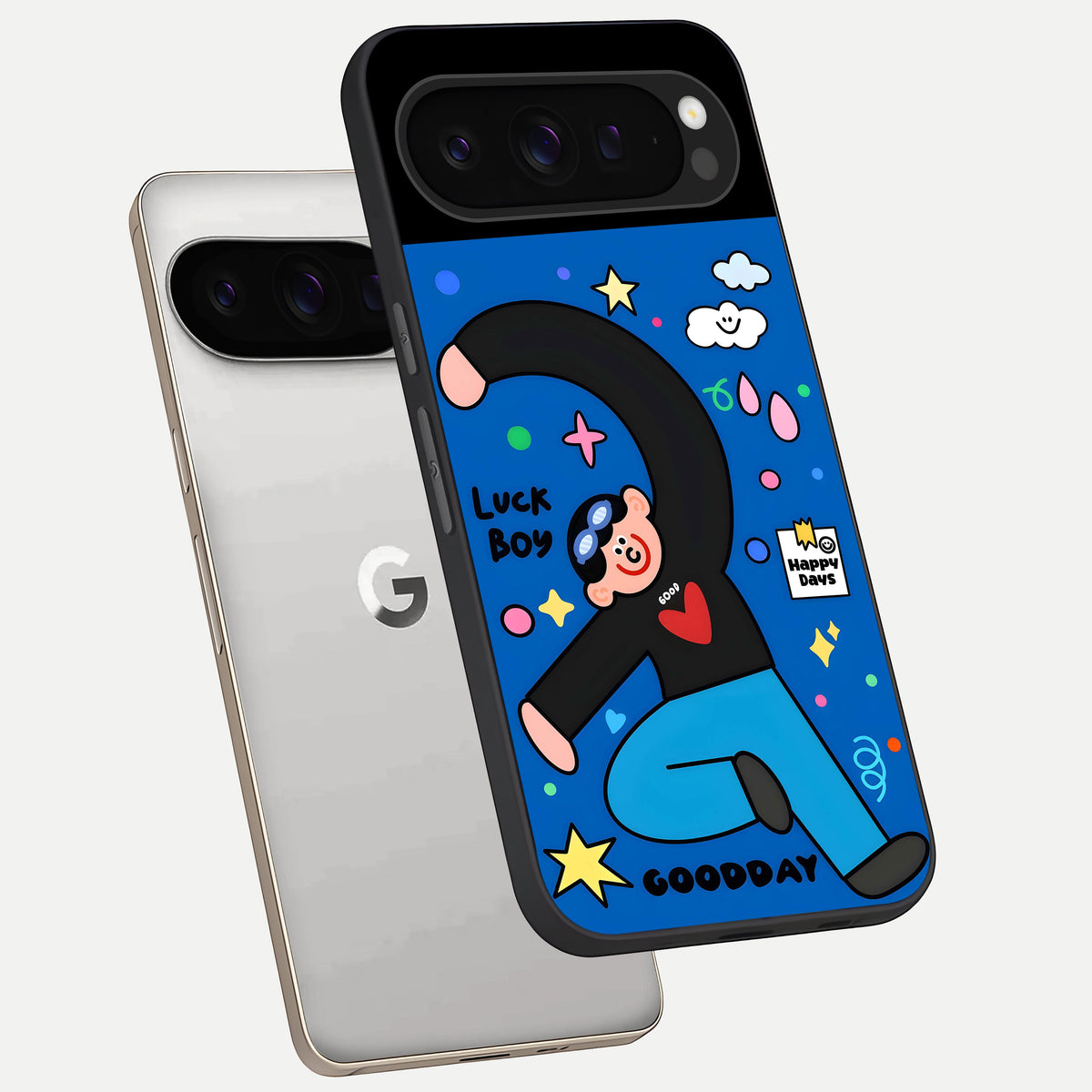  Happy Luck Vibe phone case For Google Pixel 9 Pro showing premium glass back cover with detailed artwork