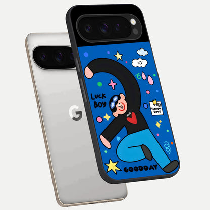  Happy Luck Vibe phone case For Google Pixel 9 Pro showing premium glass back cover with detailed artwork