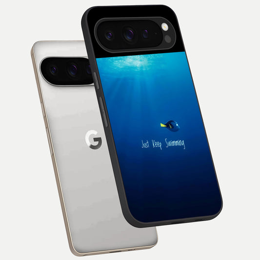  Just Keep Swimming phone case For Google Pixel 9 Pro showing premium glass back cover with detailed artwork