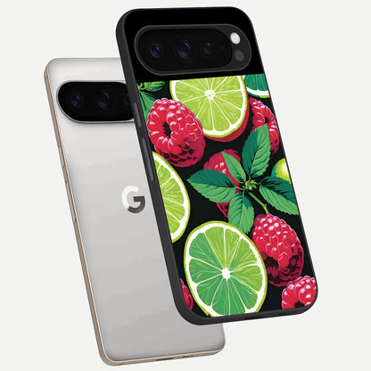  Lime and Raspberry Pattern phone case For Google Pixel 9 Pro showing premium glass back cover with detailed artwork