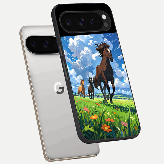  Majestic Horses Galloping phone case For Google Pixel 9 Pro showing premium glass back cover with detailed artwork