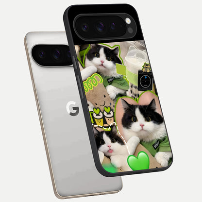  Matcha Cats Mood phone case For Google Pixel 9 Pro showing premium glass back cover with detailed artwork