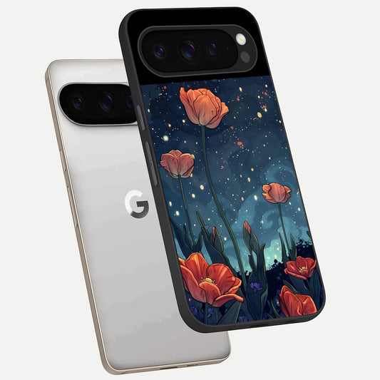  Midnight Tulip Glow phone case For Google Pixel 9 Pro showing premium glass back cover with detailed artwork