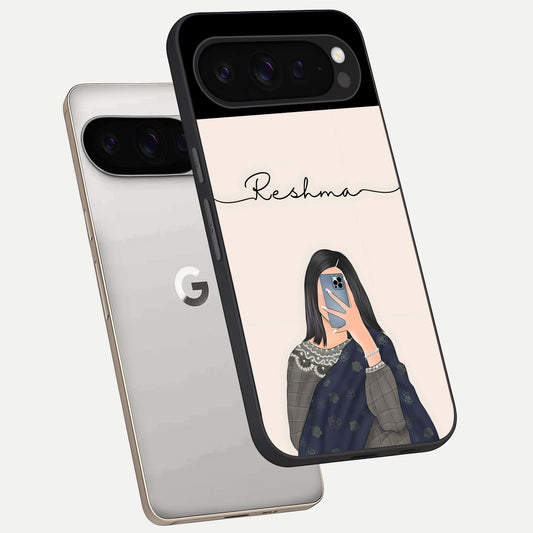  Mirror Mood Muse With Custom Name phone case For Google Pixel 9 Pro showing premium glass back cover with detailed artwork