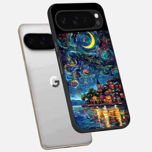  Moonlight Harbor Glow phone case For Google Pixel 9 Pro showing premium glass back cover with detailed artwork
