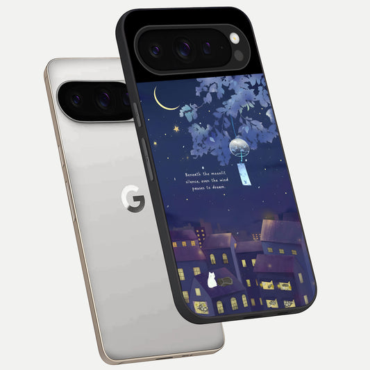  Moonlit Cat Silence phone case For Google Pixel 9 Pro showing premium glass back cover with detailed artwork