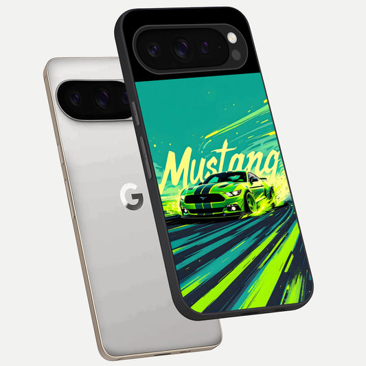  Mustang Bang phone case For Google Pixel 9 Pro showing premium glass back cover with detailed artwork