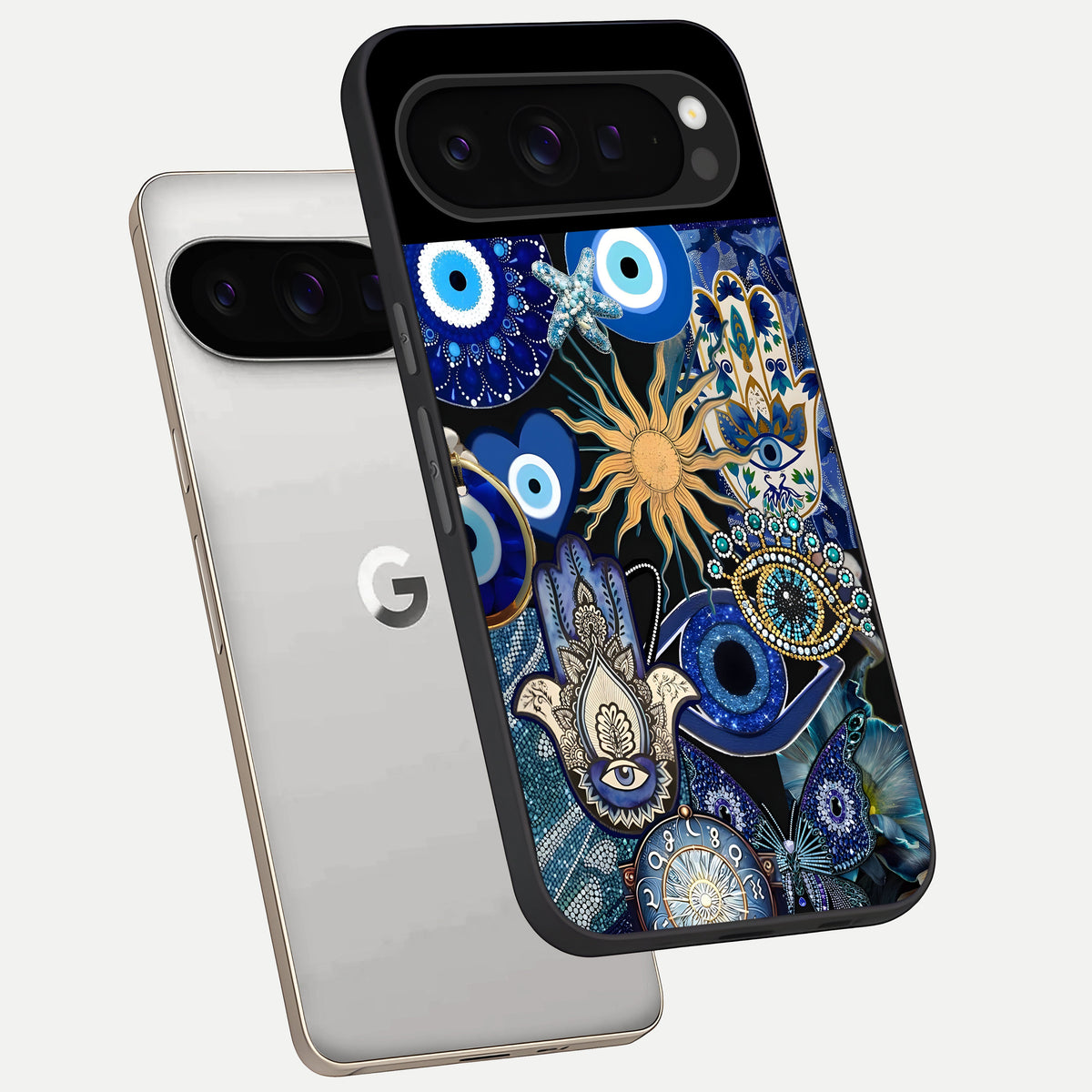  Mystic Blue Evil Eye phone case For Google Pixel 9 Pro showing premium glass back cover with detailed artwork