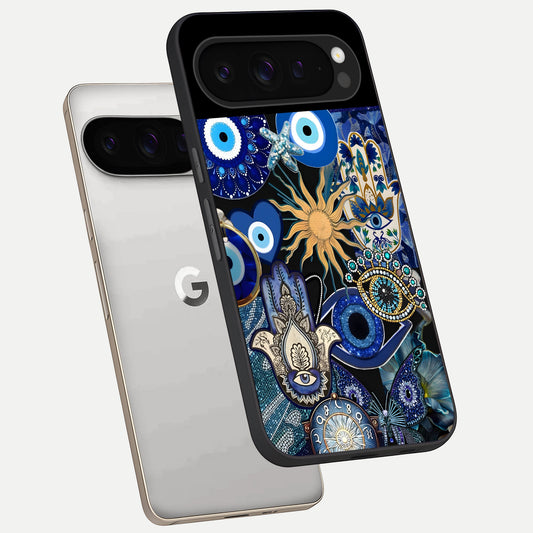  Mystic Blue Evil Eye phone case For Google Pixel 9 Pro showing premium glass back cover with detailed artwork