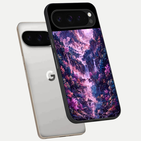  Mystic Cascade Peaks phone case For Google Pixel 9 Pro showing premium glass back cover with detailed artwork