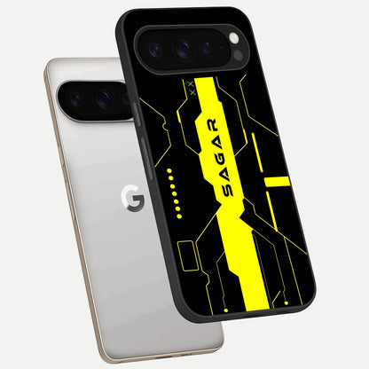  Neon CYBERPUNK Custom Name phone case For Google Pixel 9 Pro showing premium glass back cover with detailed artwork