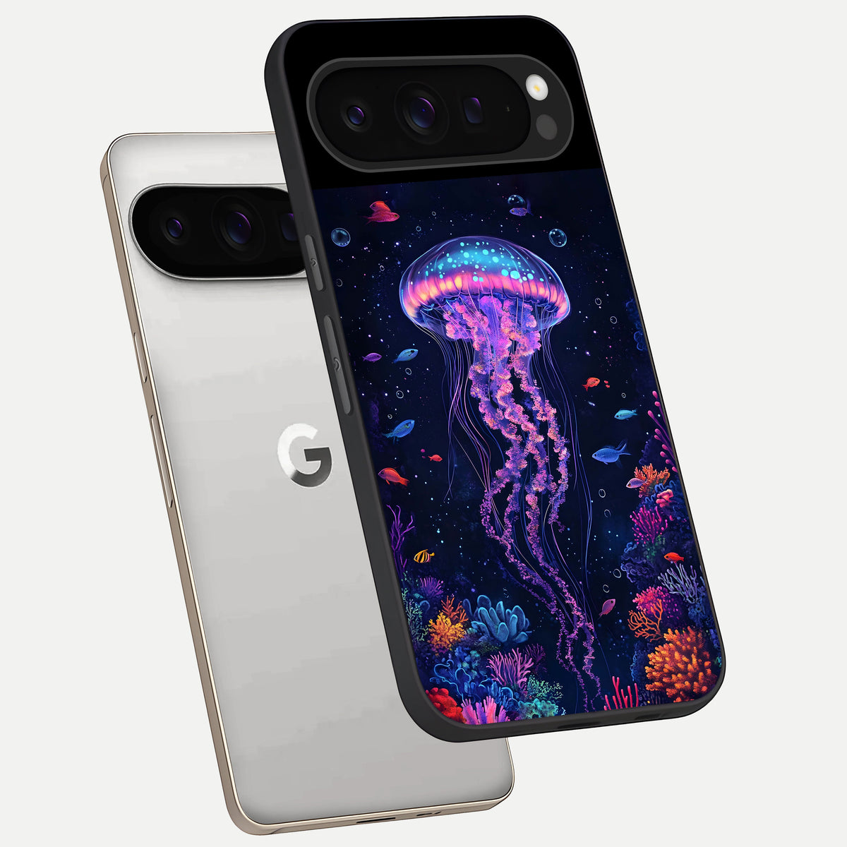 Neon Jellyfish phone case For Google Pixel 9 Pro showing premium glass back cover with detailed artwork