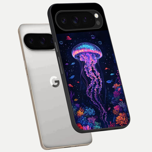  Neon Jellyfish phone case For Google Pixel 9 Pro showing premium glass back cover with detailed artwork