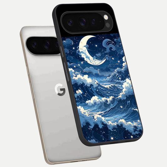  Ocean Moon Waves phone case For Google Pixel 9 Pro showing premium glass back cover with detailed artwork