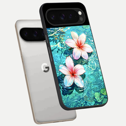  Pink Flowers in Water phone case For Google Pixel 9 Pro showing premium glass back cover with detailed artwork