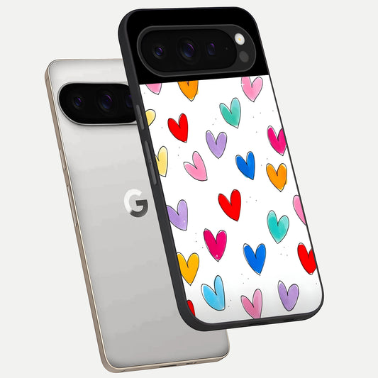  Playful Love Doodles phone case For Google Pixel 9 Pro showing premium glass back cover with detailed artwork