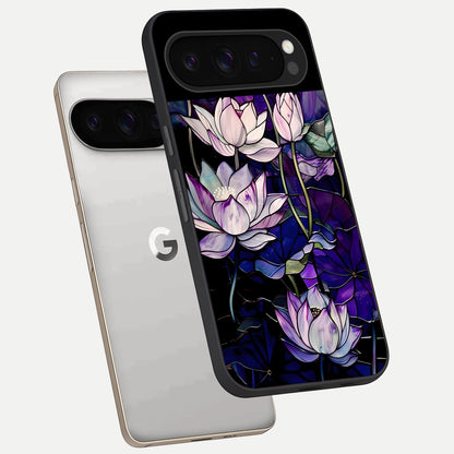 Purple Lotus Pattern phone case For Google Pixel 9 Pro showing premium glass back cover with detailed artwork