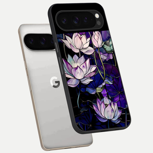  Purple Lotus Pattern phone case For Google Pixel 9 Pro showing premium glass back cover with detailed artwork
