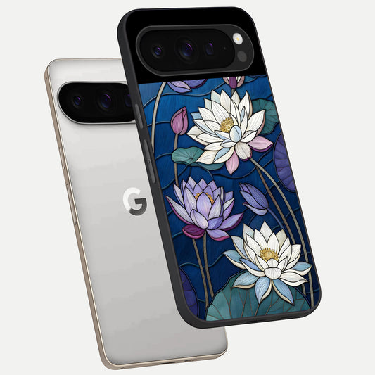  Purple Lotus Stained phone case For Google Pixel 9 Pro showing premium glass back cover with detailed artwork