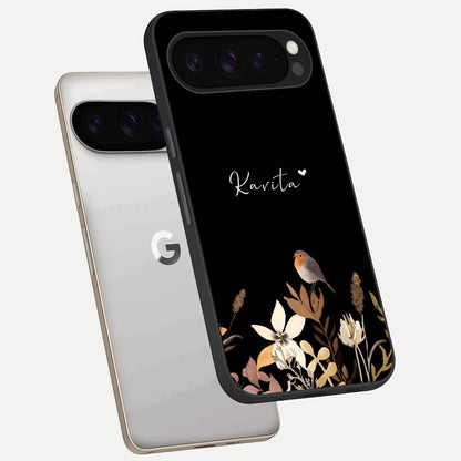  Quiet Garden Tune Custom Name phone case For Google Pixel 9 Pro showing premium glass back cover with detailed artwork