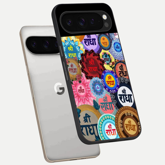 Radha Divine Bloom phone case For Google Pixel 9 Pro showing premium glass back cover with detailed artwork
