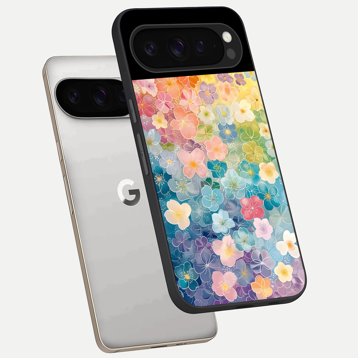  Rainbow Blossom Burst phone case For Google Pixel 9 Pro showing premium glass back cover with detailed artwork