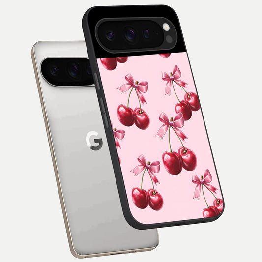  Red Cherries Pattern phone case For Google Pixel 9 Pro showing premium glass back cover with detailed artwork
