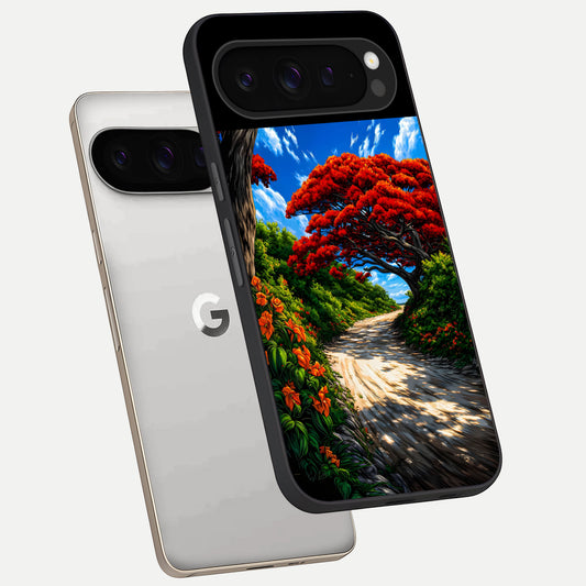  Red Trees Pathway phone case For Google Pixel 9 Pro showing premium glass back cover with detailed artwork