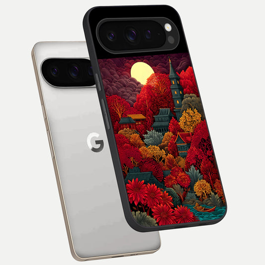  Scarlet Autumn Temple phone case For Google Pixel 9 Pro showing premium glass back cover with detailed artwork