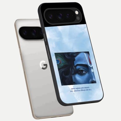  Spiritual Krishna phone case For Google Pixel 9 Pro showing premium glass back cover with detailed artwork