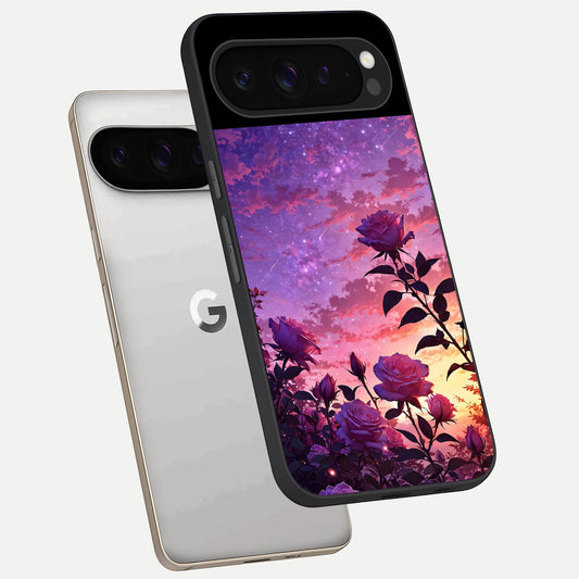 Starlit Rose Twilight phone case For Google Pixel 9 Pro showing premium glass back cover with detailed artwork
