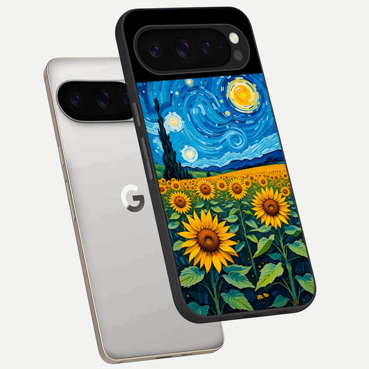  Starry Sunflower Dreams phone case For Google Pixel 9 Pro showing premium glass back cover with detailed artwork