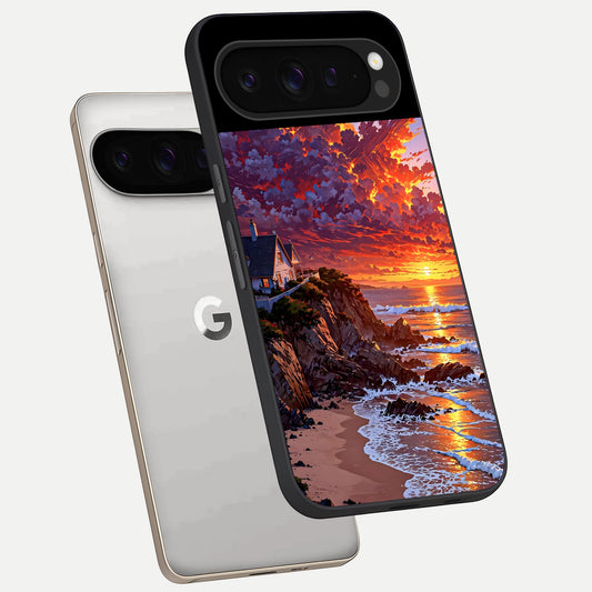  Sunset House By Sea phone case For Google Pixel 9 Pro showing premium glass back cover with detailed artwork